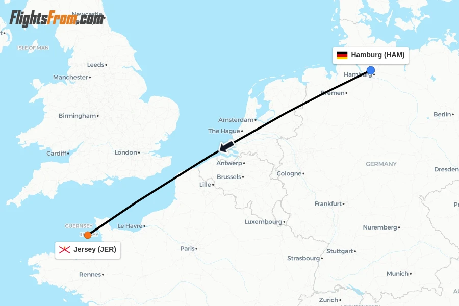 Flights from Hamburg to Jersey route map