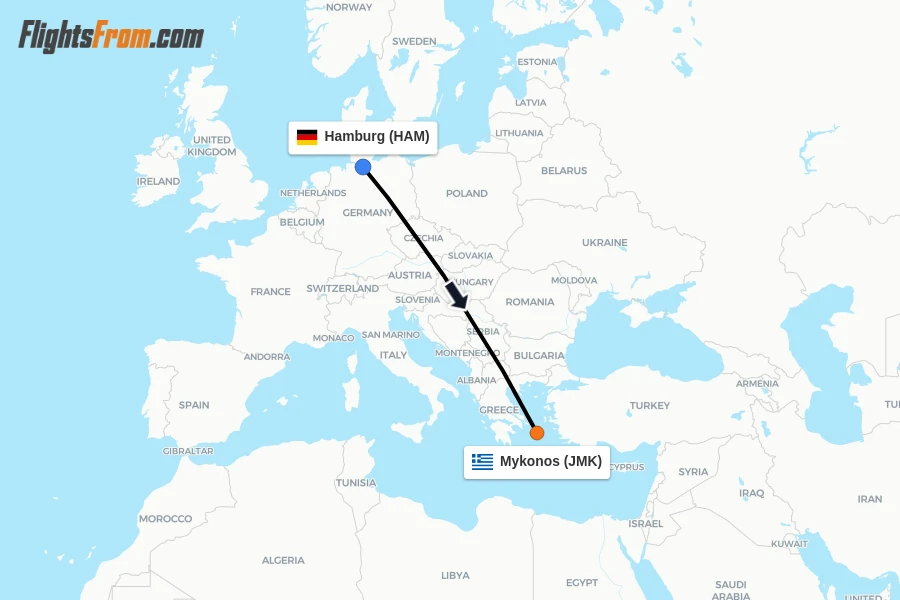 Flights from Hamburg to Mykonos route map