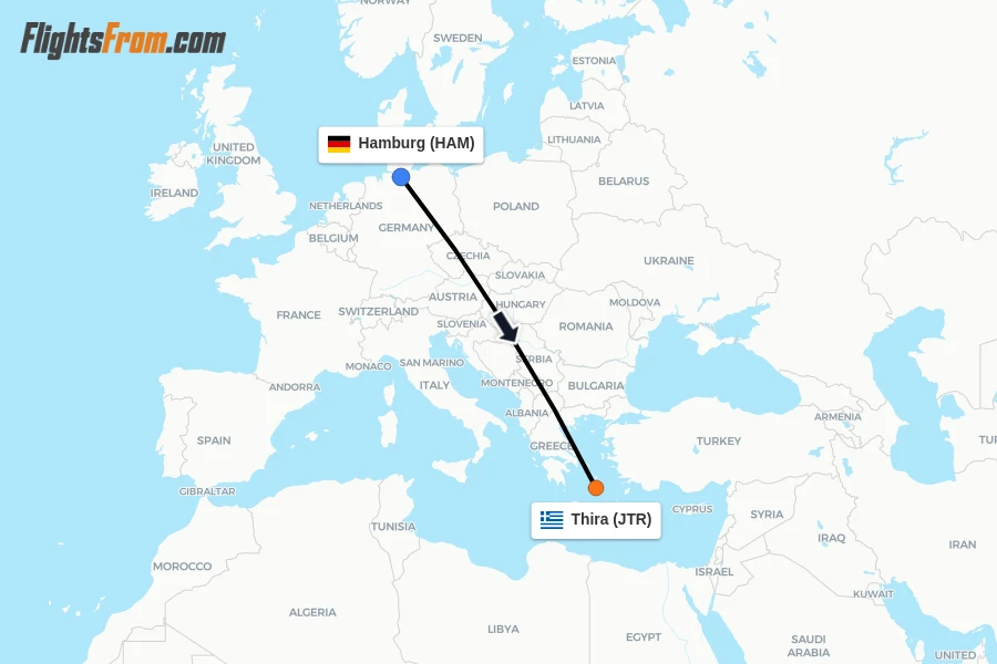 Flights from Hamburg to Thira route map