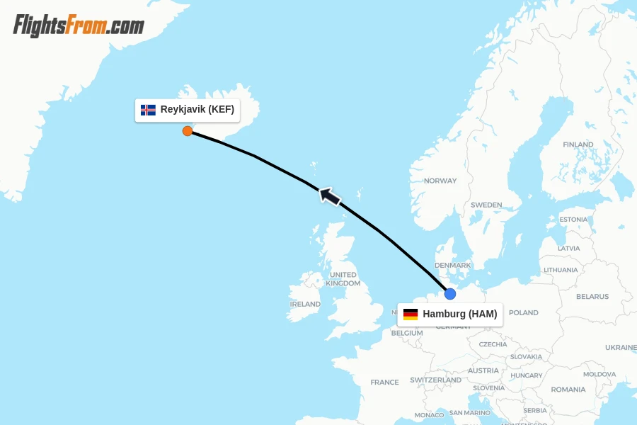 Flights from Hamburg to Reykjavik route map