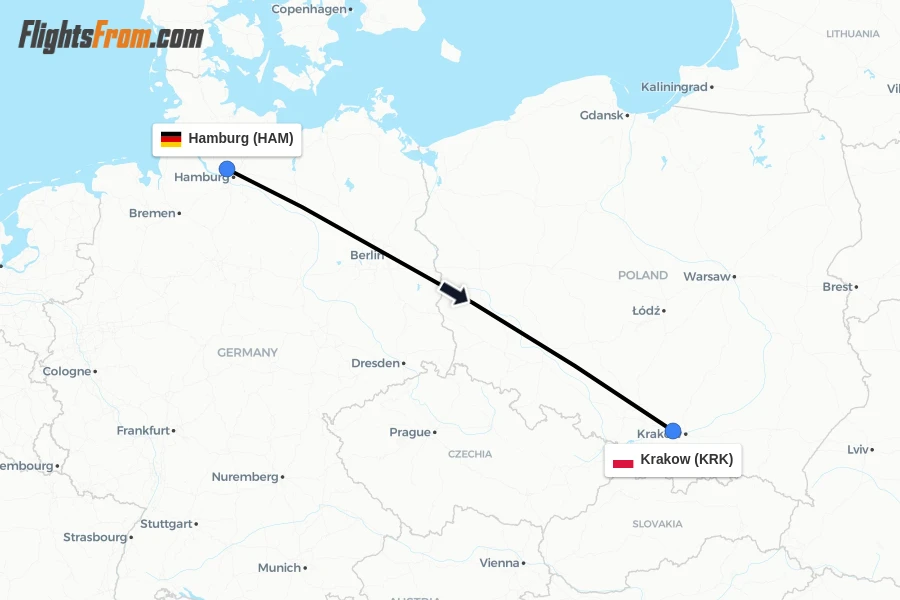 Flights from Hamburg to Krakow route map