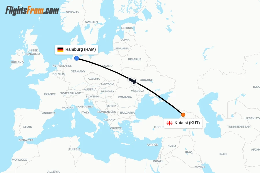 Flights from Hamburg to Kutaisi route map