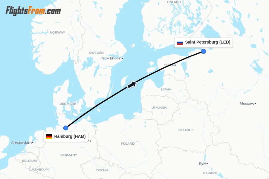 Flights from Hamburg to Saint Petersburg route map