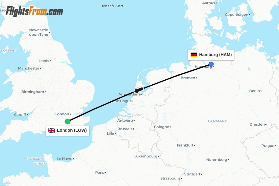 Flights from Hamburg to London route map