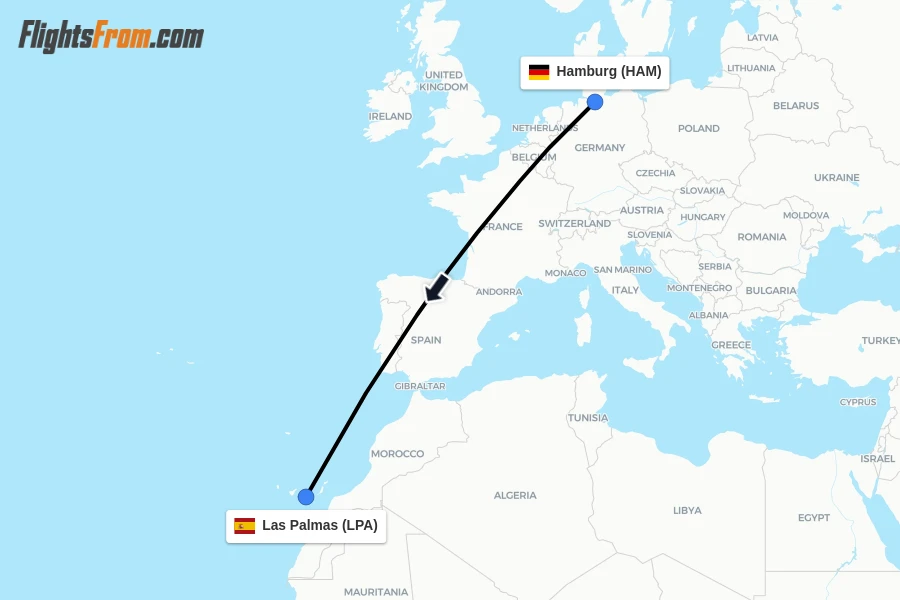 Flights from Hamburg to Las Palmas route map