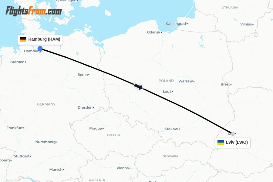 Flights from Hamburg to Lviv route map