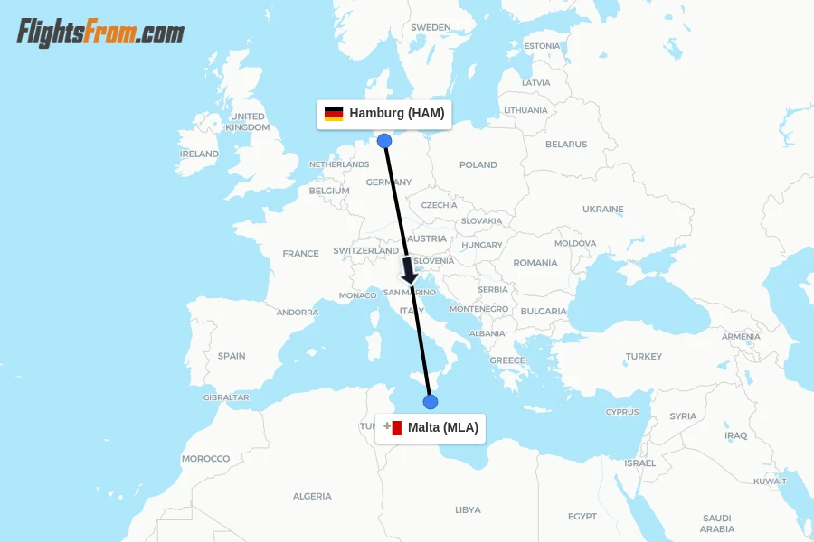 Flights from Hamburg to Malta route map