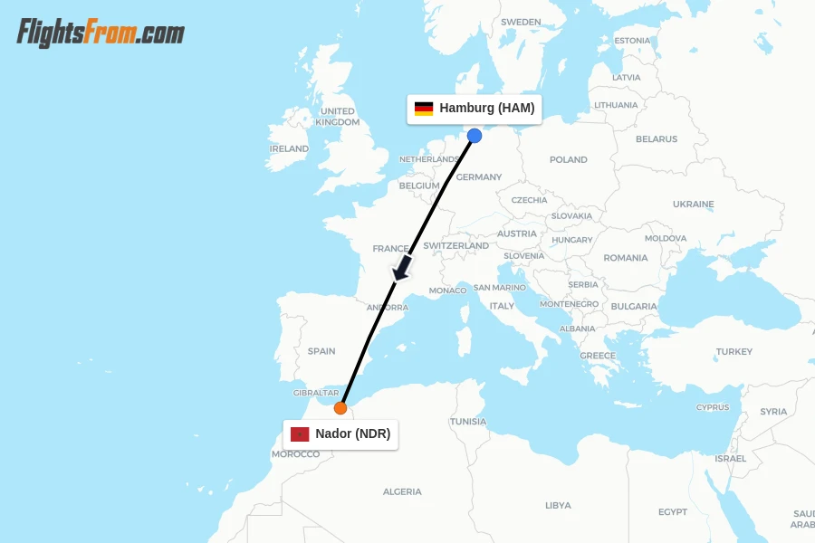 Flights from Hamburg to Nador route map
