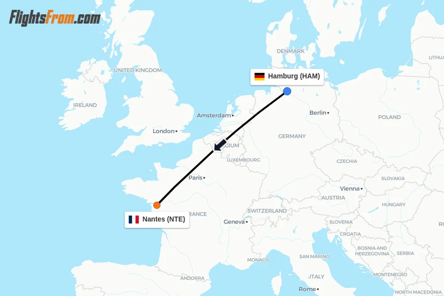 Flights from Hamburg to Nantes route map