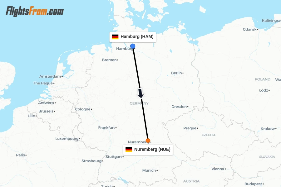 Flights from Hamburg to Nuremberg route map