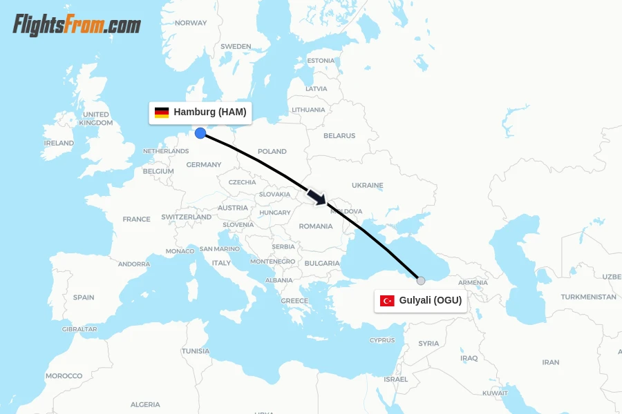 Flights from Hamburg to Gulyali route map