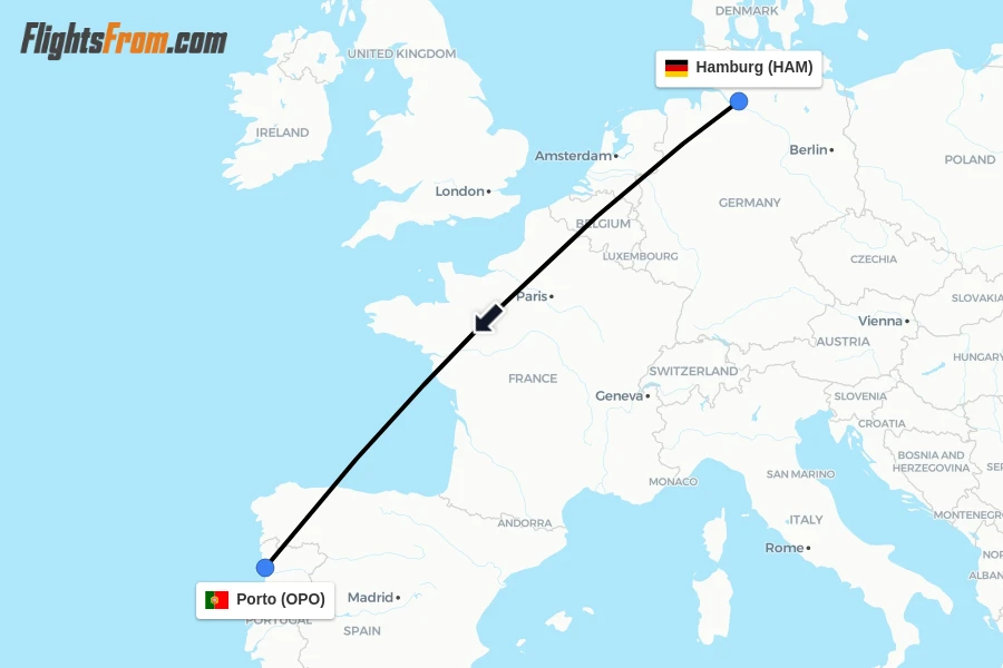Flights from Hamburg to Porto route map