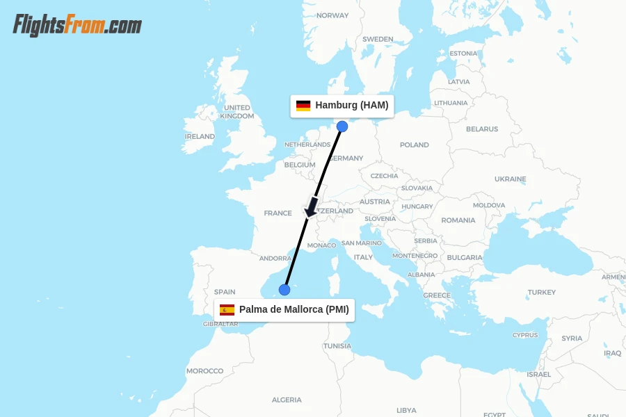 Flights from Hamburg to Palma de Mallorca route map