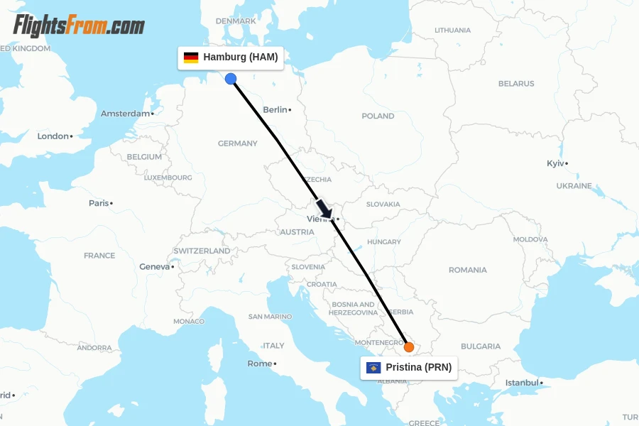 Flights from Hamburg to Pristina route map