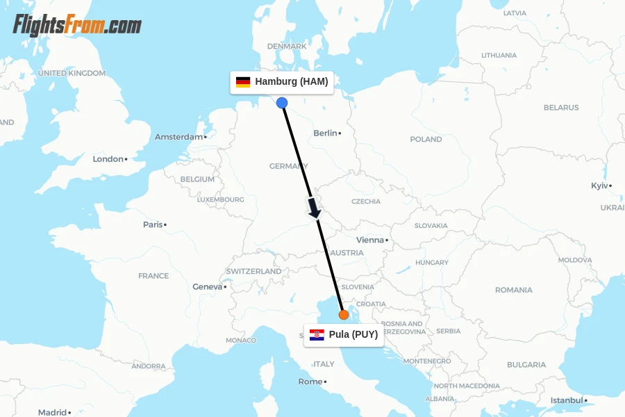 Flights from Hamburg to Pula route map