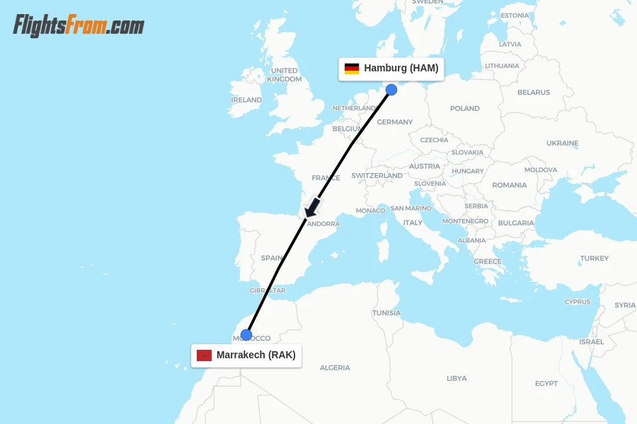 Flights from Hamburg to Marrakech route map