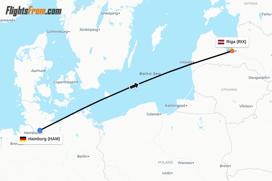 Flights from Hamburg to Riga route map