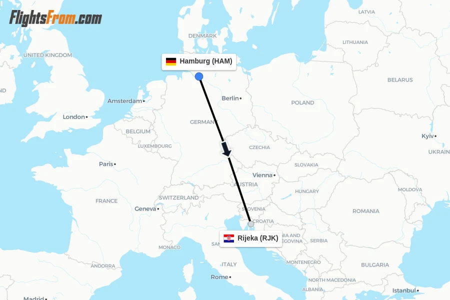 Flights from Hamburg to Rijeka route map