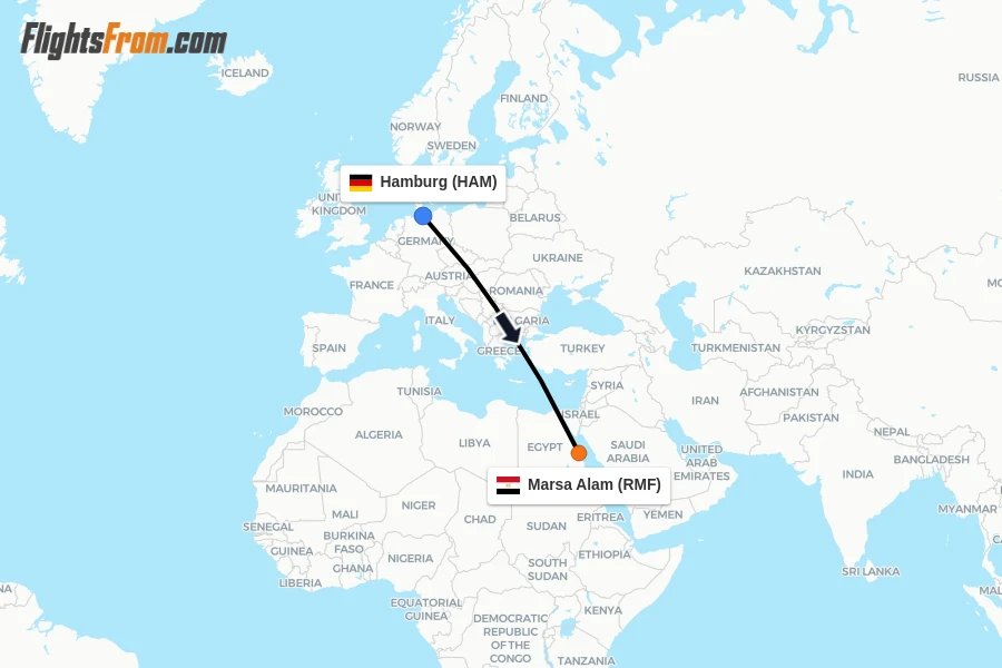 Flights from Hamburg to Marsa Alam route map