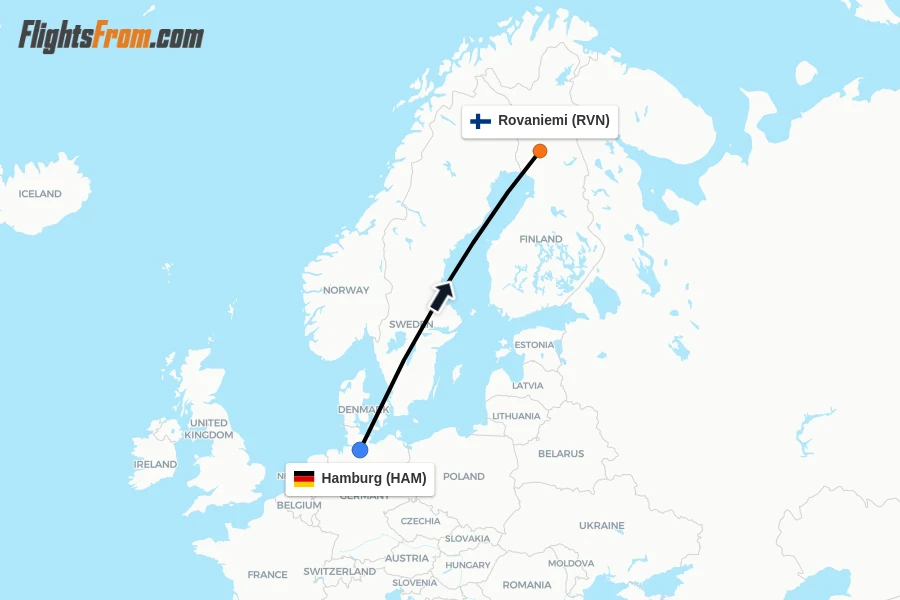 Flights from Hamburg to Rovaniemi route map
