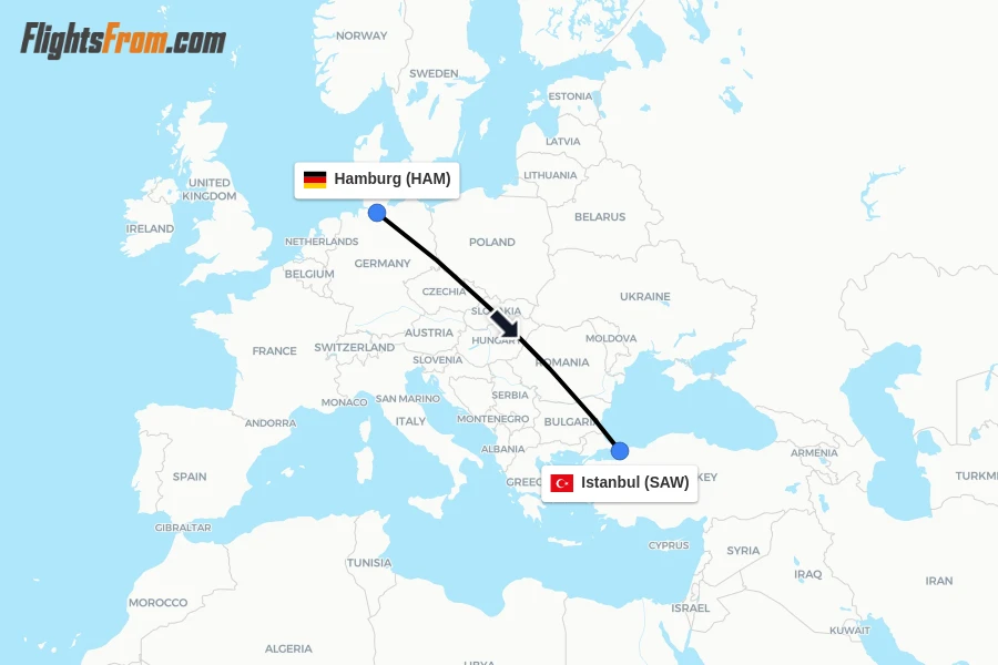 Flights from Hamburg to Istanbul route map