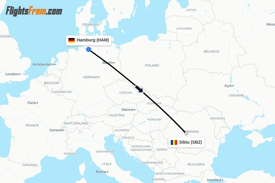 Flights from Hamburg to Sibiu route map
