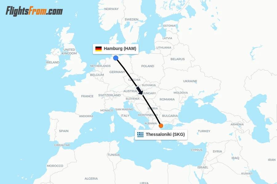 Flights from Hamburg to Thessaloniki route map