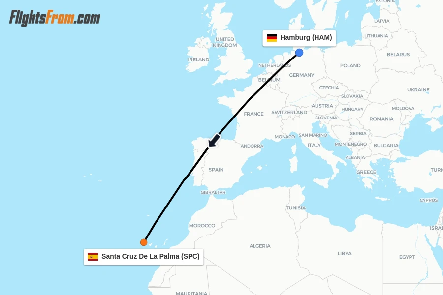 Flights from Hamburg to Santa Cruz De La Palma route map