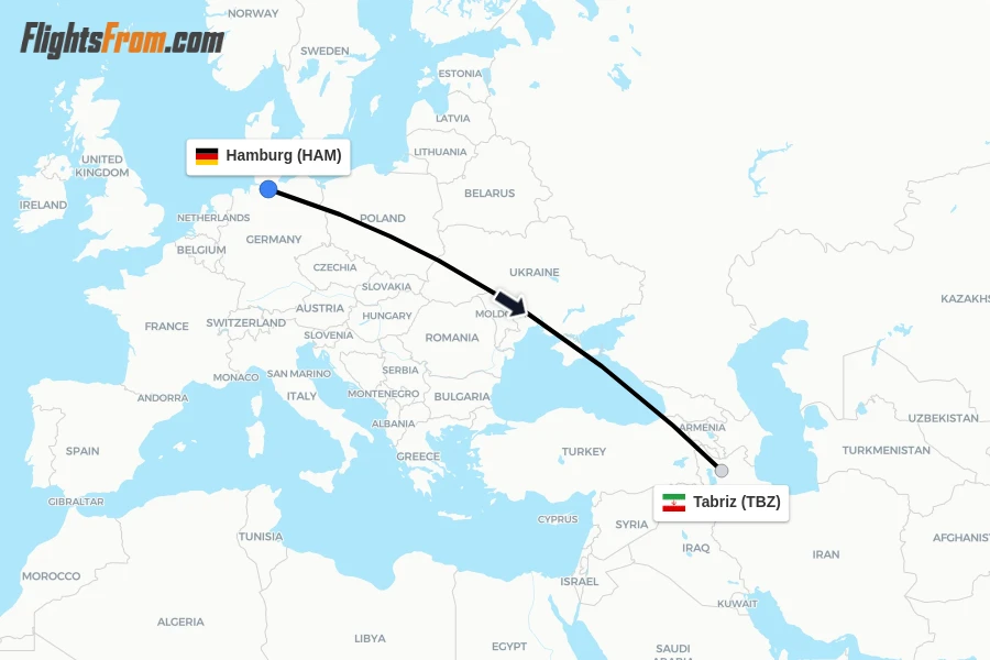 Flights from Hamburg to Tabriz route map