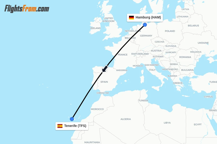 Flights from Hamburg to Tenerife route map