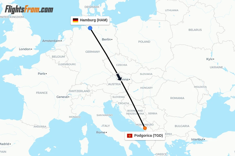 Flights from Hamburg to Podgorica route map