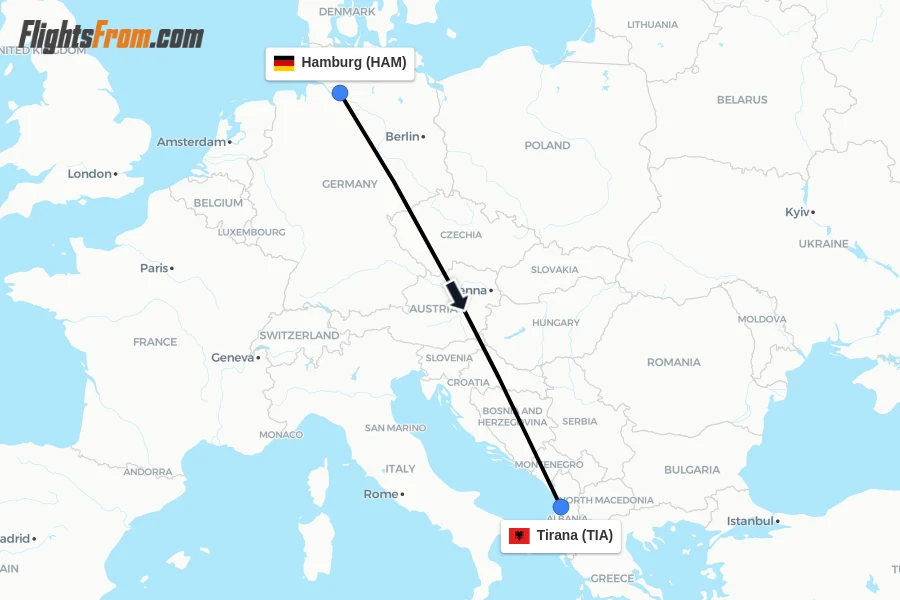 Flights from Hamburg to Tirana route map