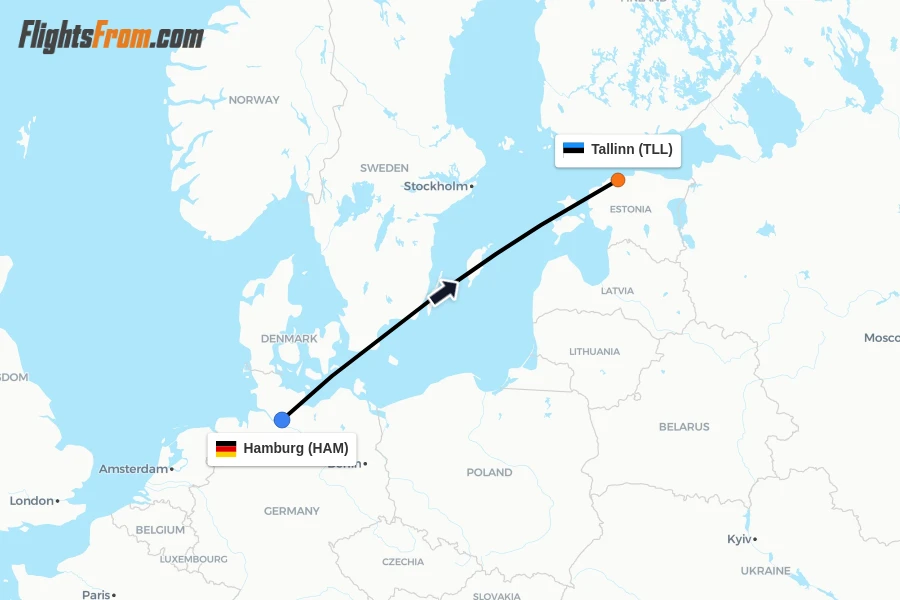 Flights from Hamburg to Tallinn route map