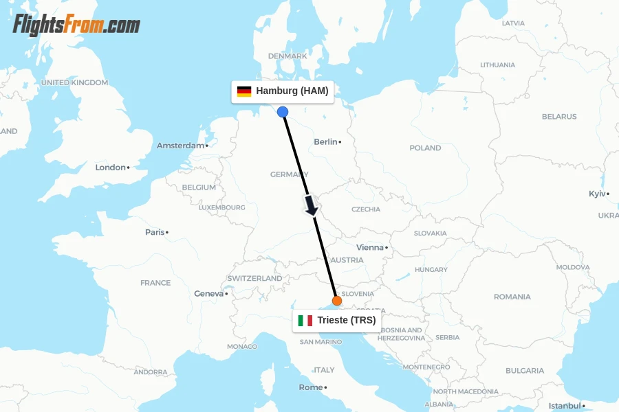 Flights from Hamburg to Trieste route map