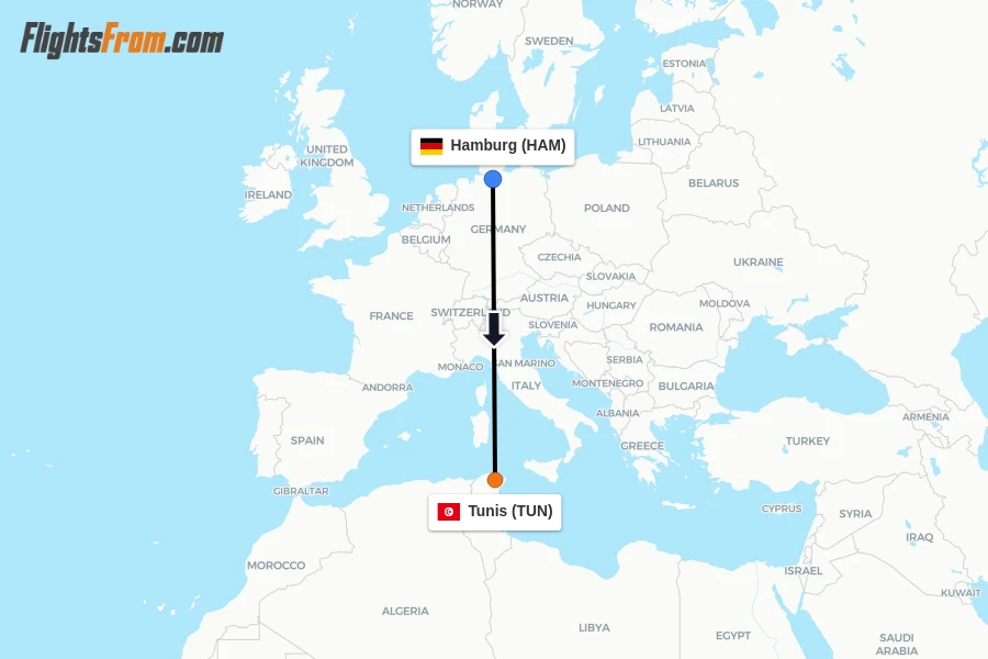 Flights from Hamburg to Tunis route map