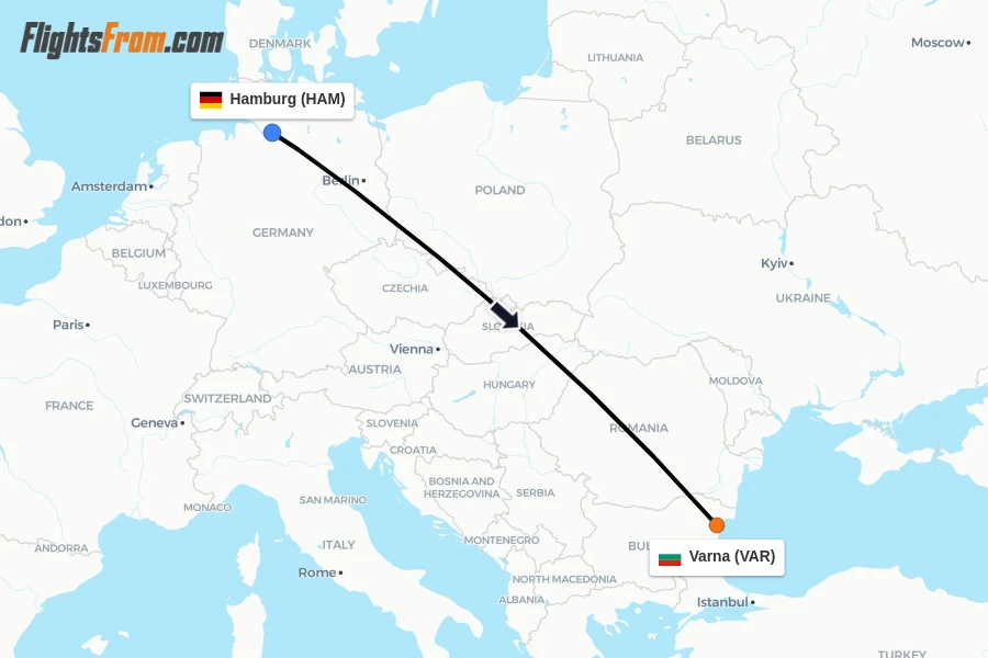 Flights from Hamburg to Varna route map