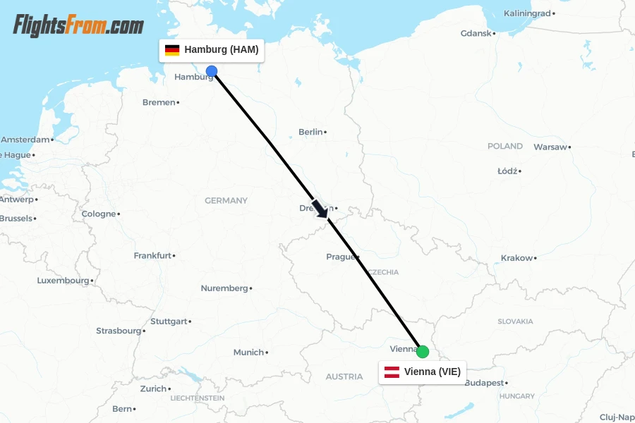 Flights from Hamburg to Vienna route map
