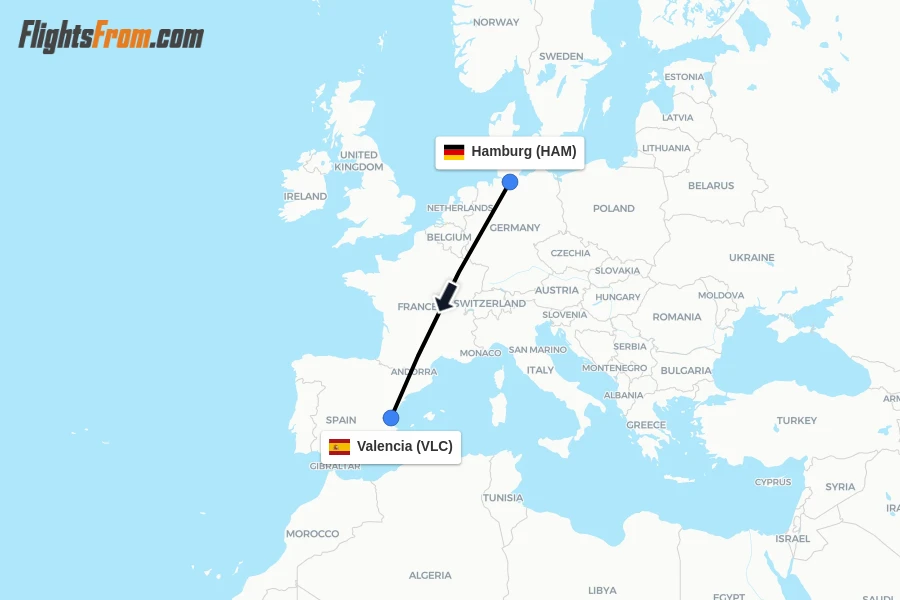 Flights from Hamburg to Valencia route map