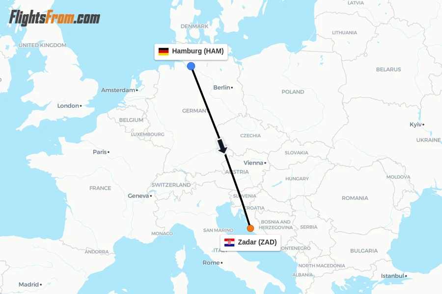 Flights from Hamburg to Zadar route map