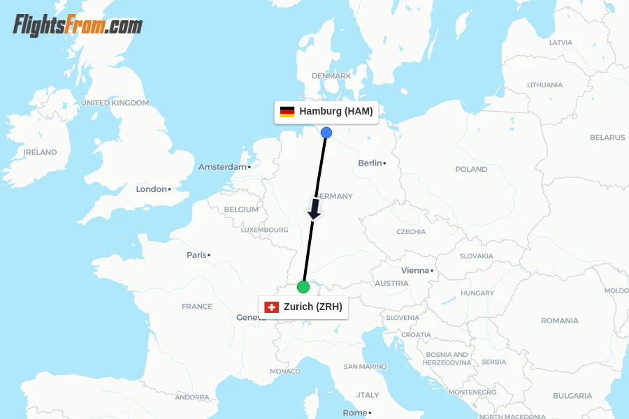 Flights from Hamburg to Zurich route map
