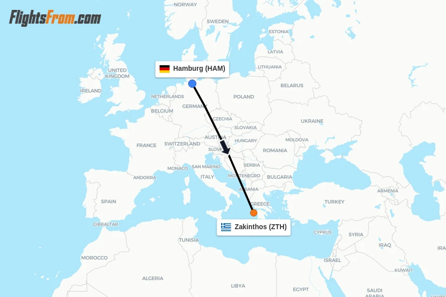 Flights from Hamburg to Zakinthos route map