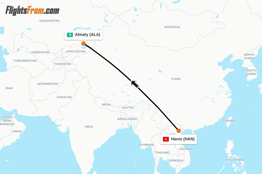 Flights from Hanoi to Almaty route map