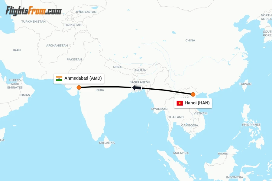Flights from Hanoi to Ahmedabad route map