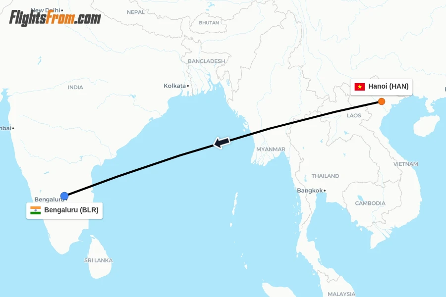 Flights from Hanoi to Bengaluru route map