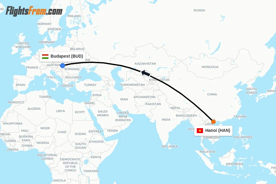 Flights from Hanoi to Budapest route map