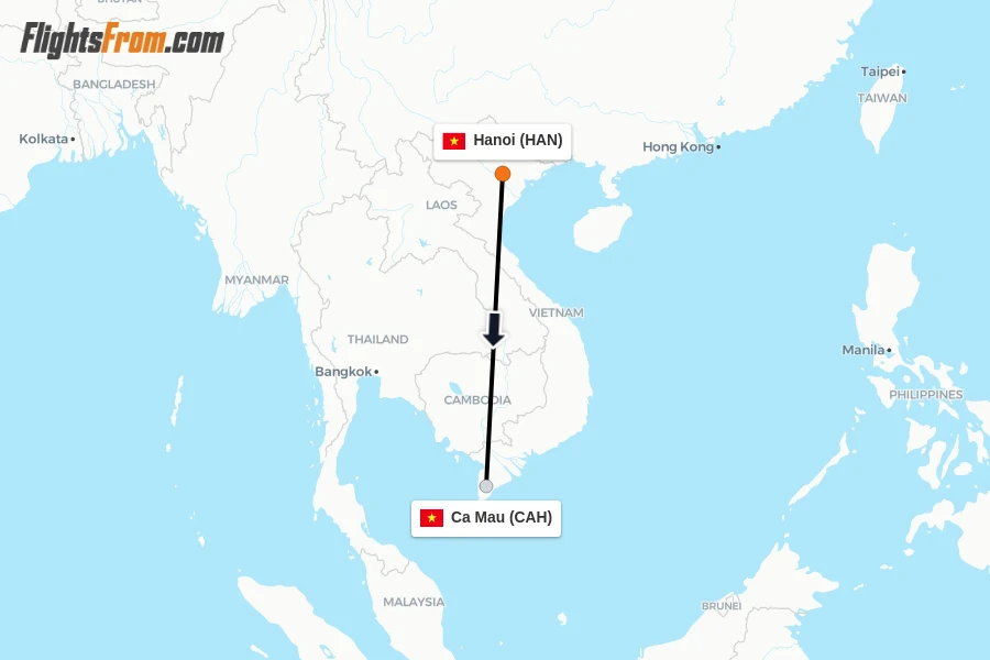 Flights from Hanoi to Ca Mau route map