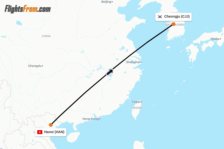 Flights from Hanoi to Cheongju route map