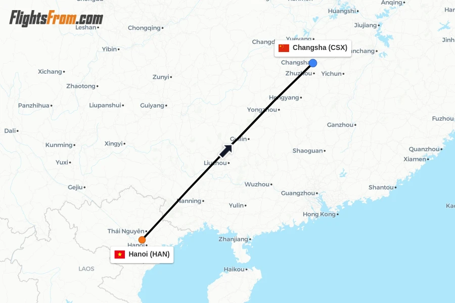 Flights from Hanoi to Changsha route map