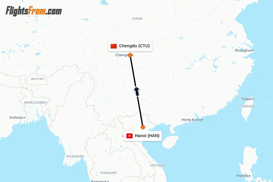 Flights from Hanoi to Chengdu route map