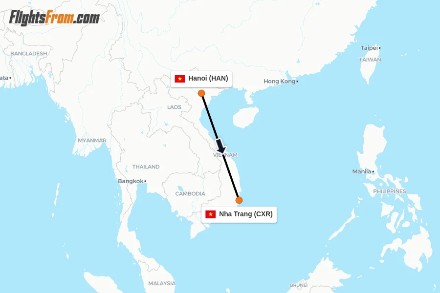 Flights from Hanoi to Nha Trang route map